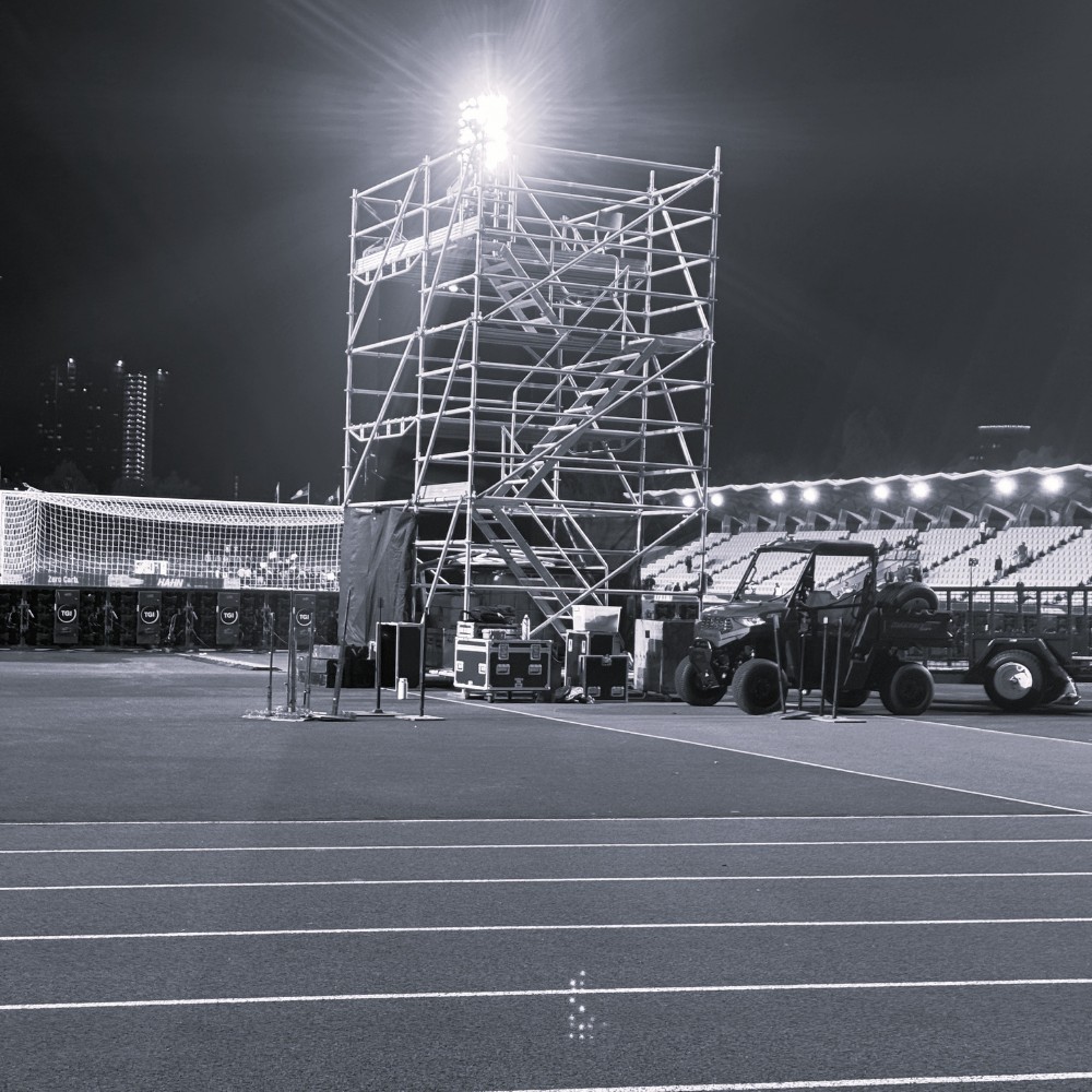 Broadcast scaffolding tower at a Victorian stadium event