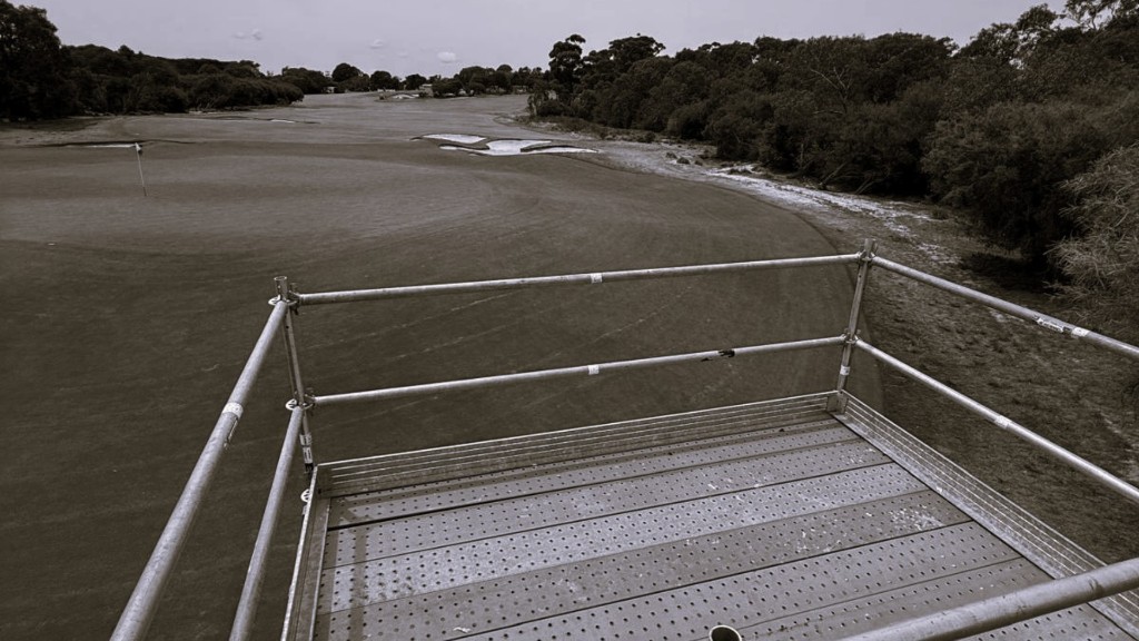 Specialised scaffolding platform overlooking a golf course
